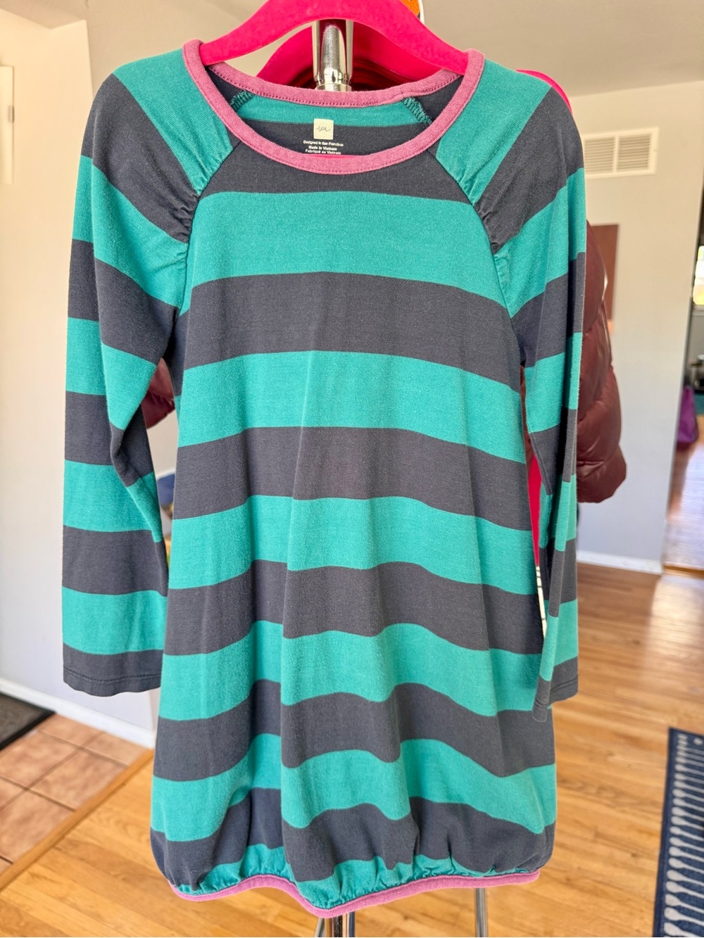 Tea Collection Teal and Navy Striped Long Sleeve Dress with Pink Trim